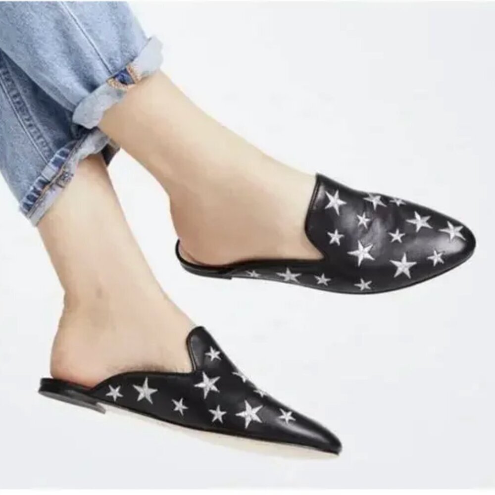 Kate Spade Mules Slides Leather Shoes Stars Embroidered Slip On Silver Black 6